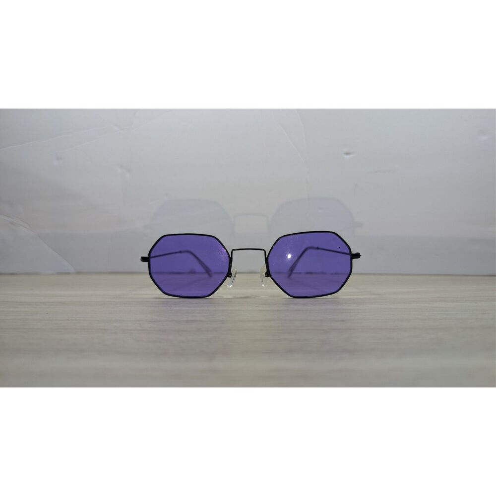 Vintage Octagon Purple Lens Sunglasses Black Metal Frame Retro Festival
